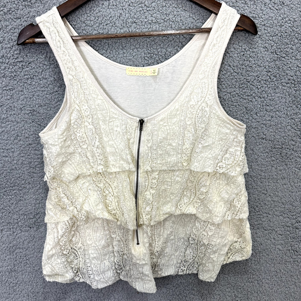Pins and Needles Lace Tank Top Womens M Cream Tiered‎ Boho Zip Front Sleeveless